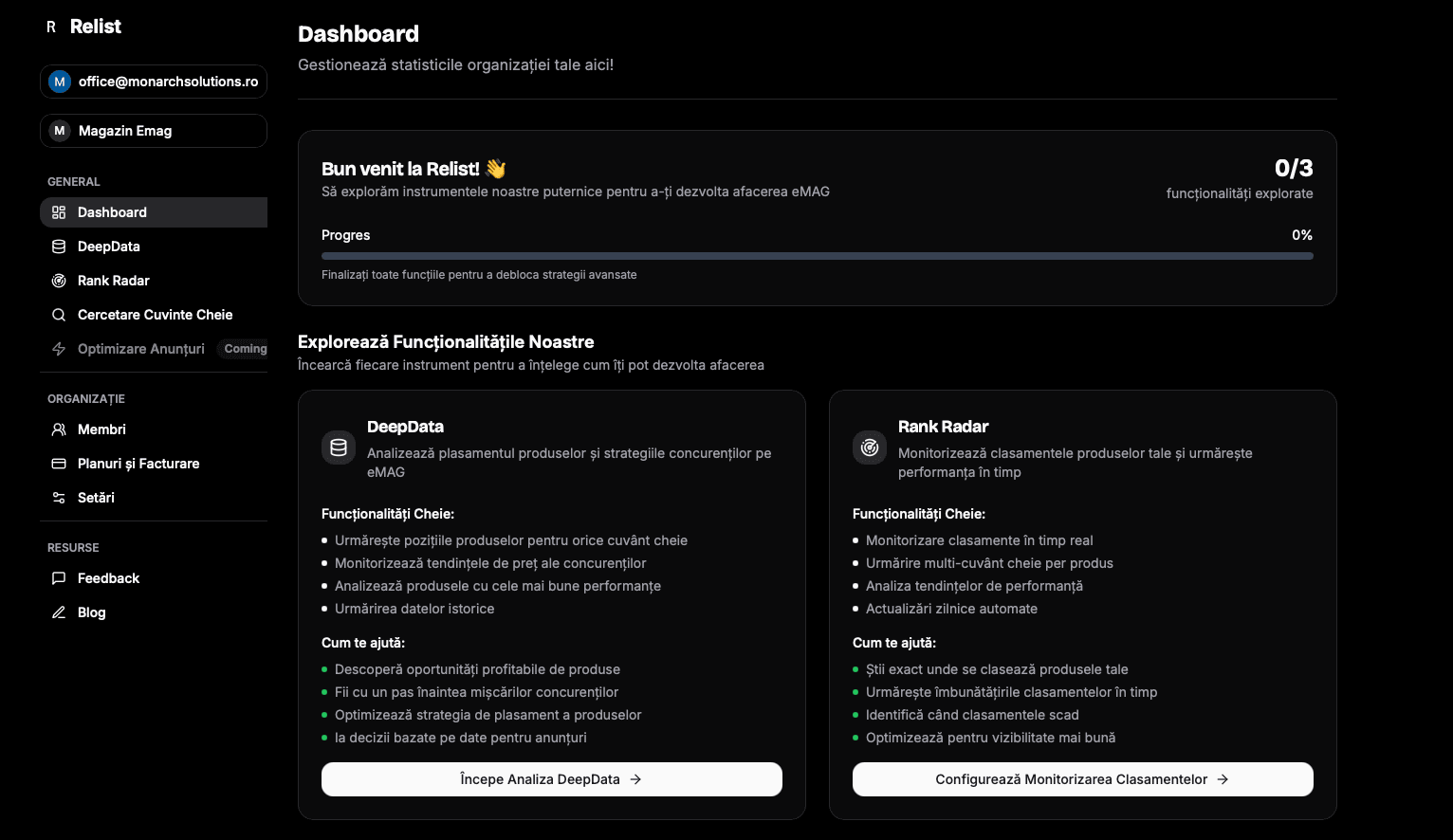 Relist dashboard preview showing DeepData and RankRadar tools